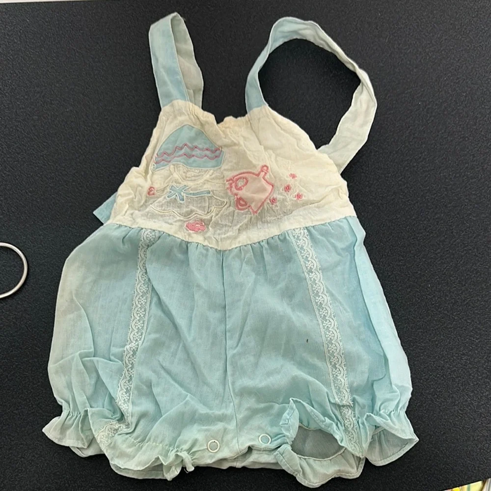 Vintage Style Baby Romper in Blue and Cream